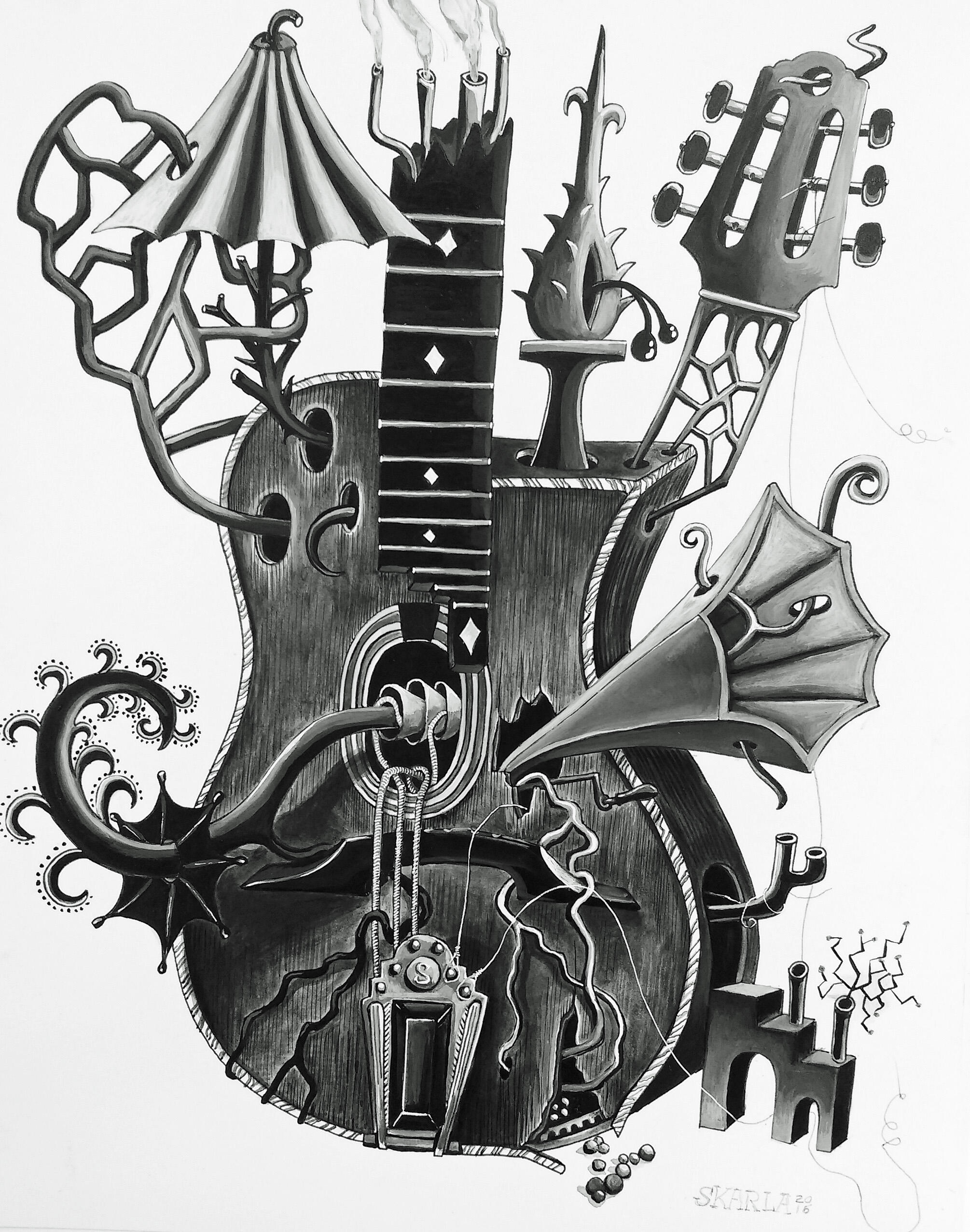 Original Art by Steve Karla (mixed media "Gypsy Guitar MIA2")